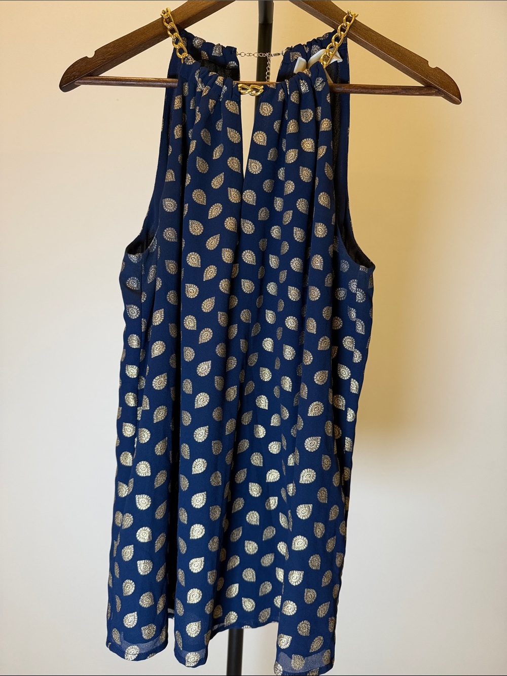 MICHAEL Michael Kors Sleeveless Navy Gold Foil Chain Neck Halter Top | Size S